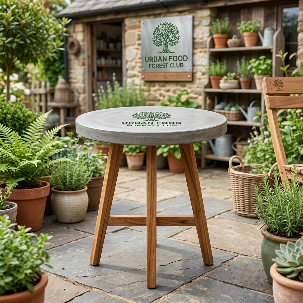 Concrete Round Side Table with Acacia Tripod Legs