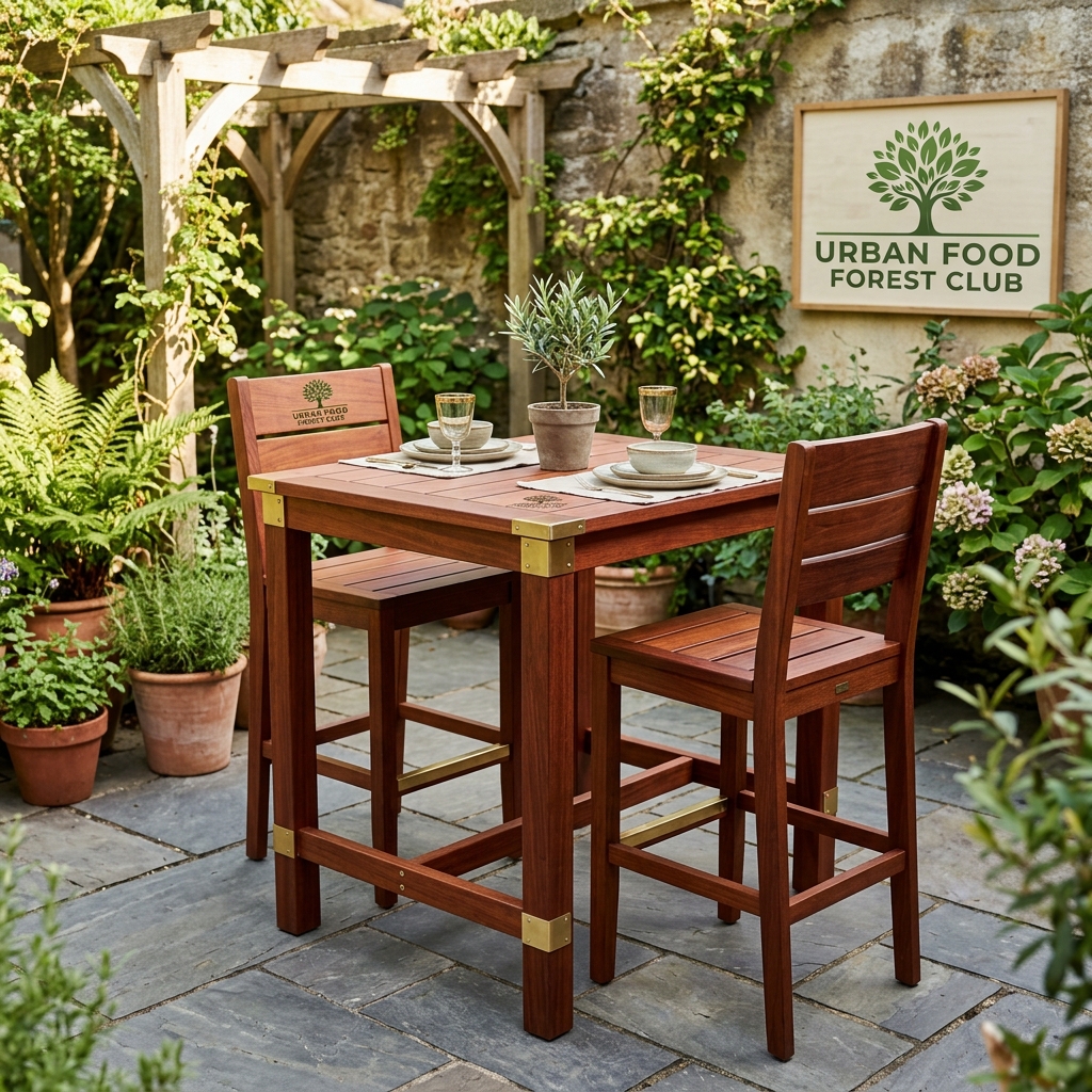 Merbau Wood High Terrace Dining Table with Brass Accents