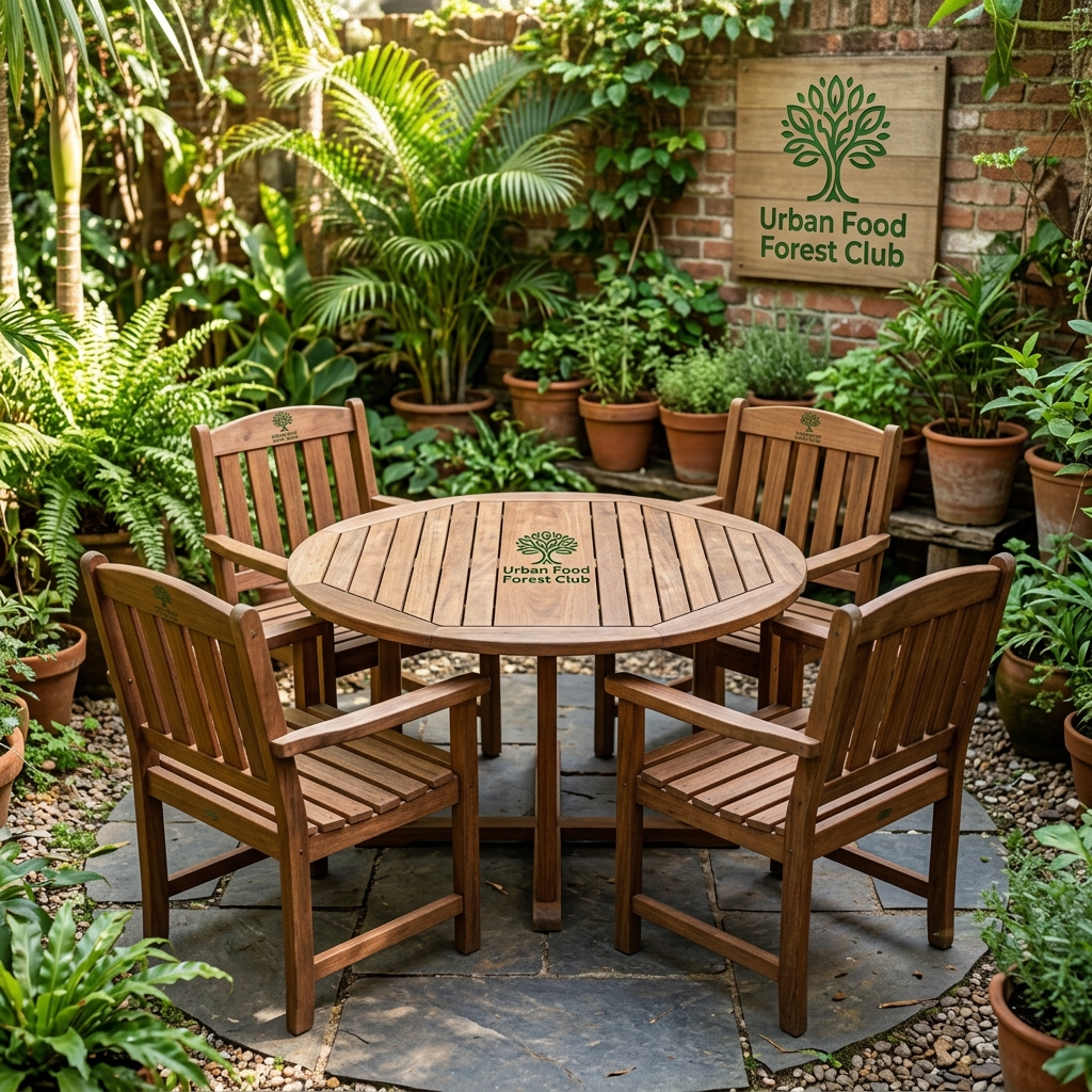 Merbau Wood Round Garden Table & 4 Slatted Armchairs