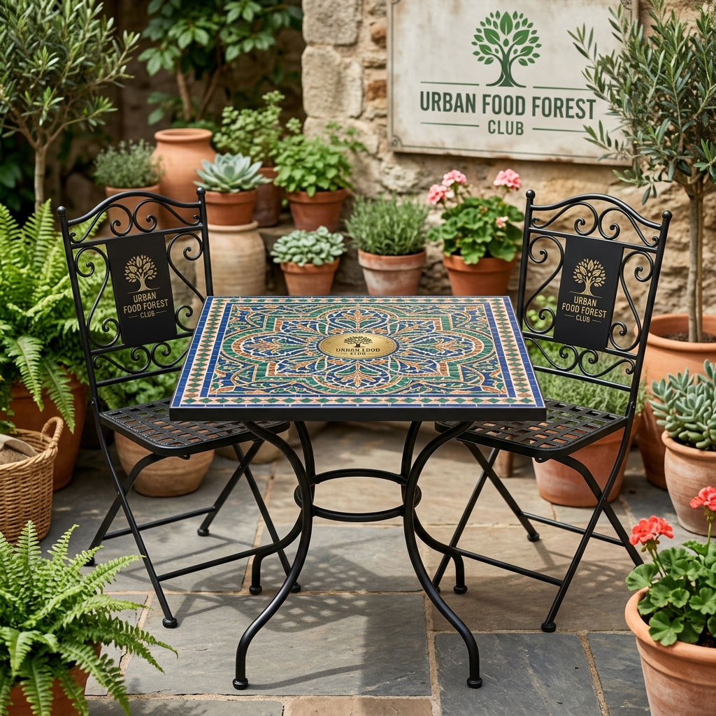 Mosaic Ceramic Tile Bistro Table & 2 Iron Chairs (Moroccan Motif)