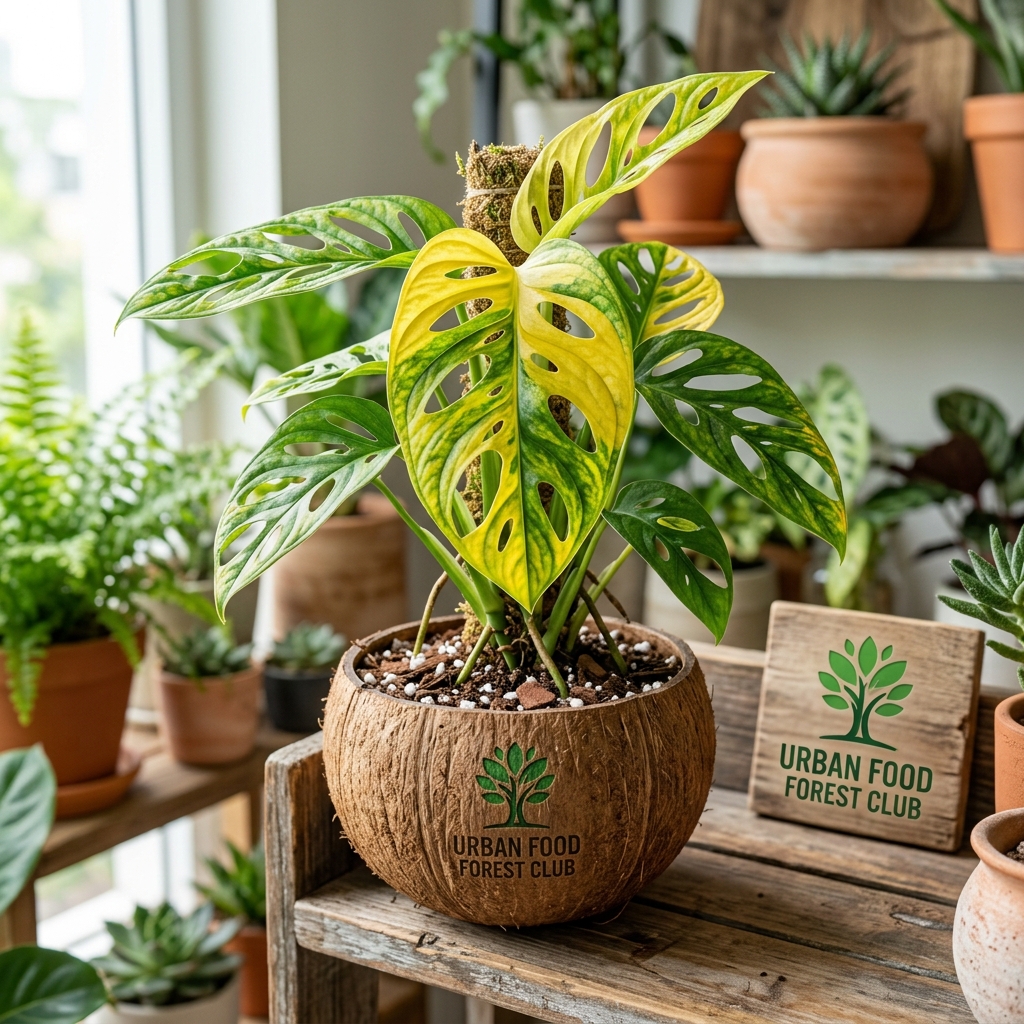 Golden Monstera Adansonii in Coconut Shell Self-Watering Pot