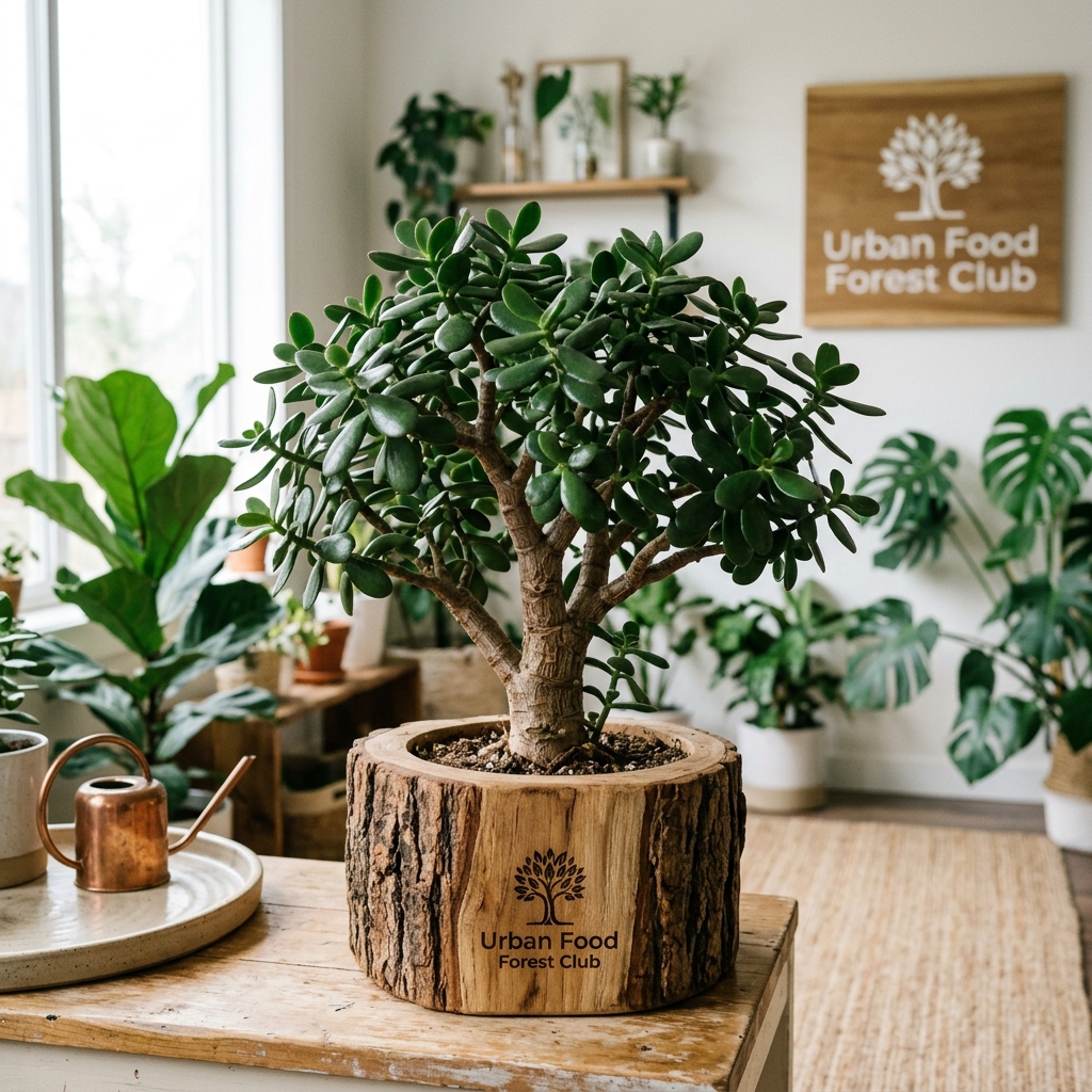 Bonsai Jade Plant in Rustic Teak Wood Log Planter