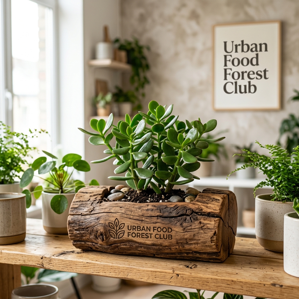 Wild Jade Plant in Rustic Teak Wood Log Planter