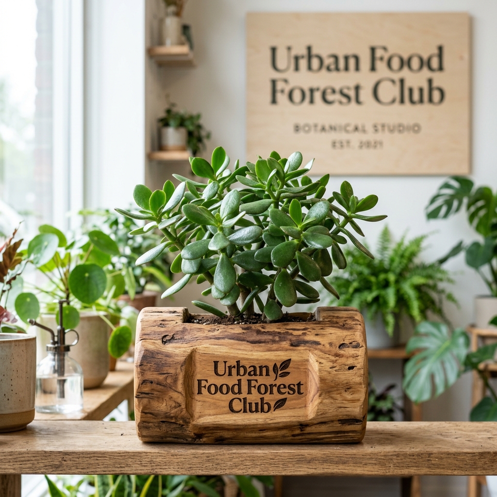 Classic Jade Plant in Rustic Teak Wood Log Planter