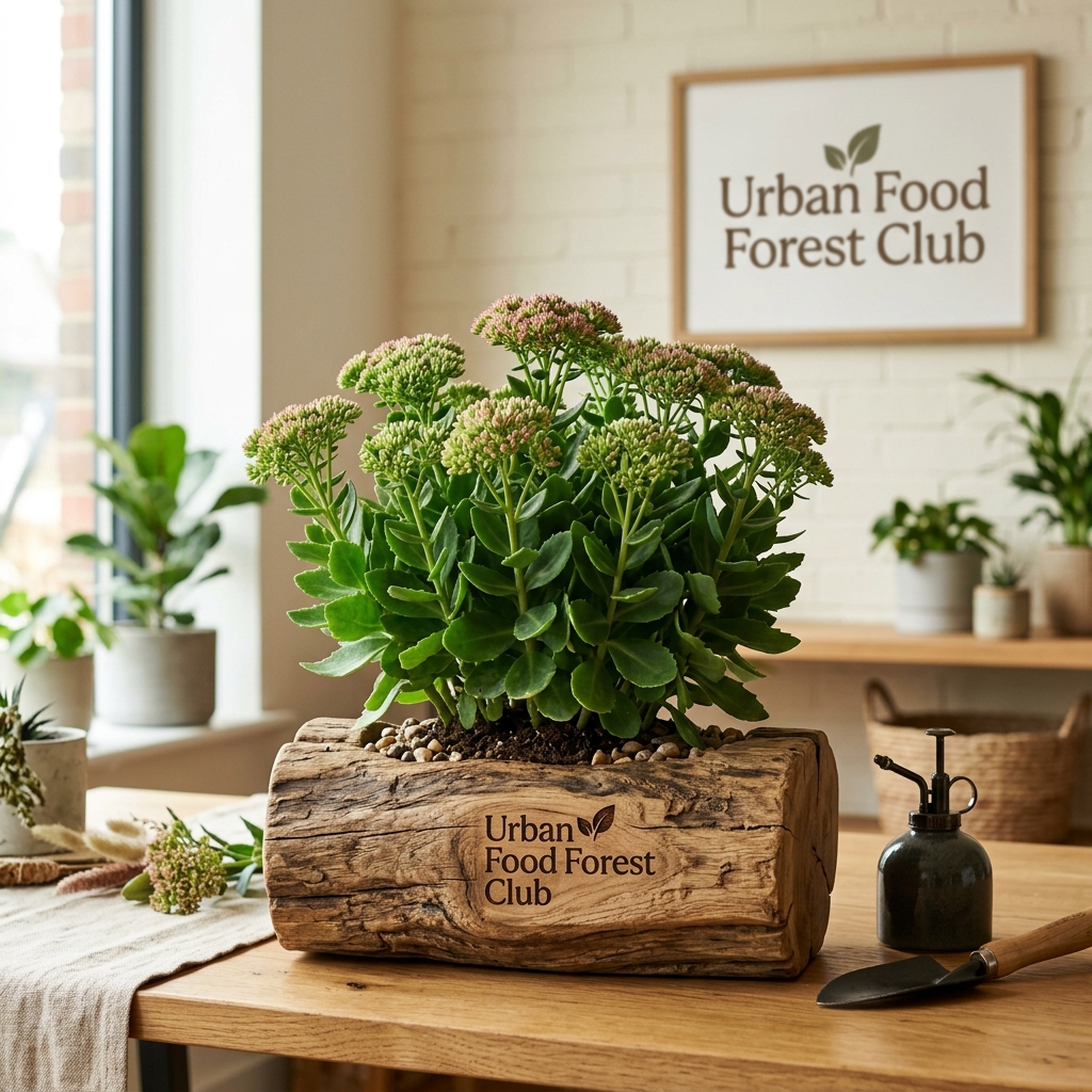 Giant Sedum in Rustic Teak Wood Log Planter