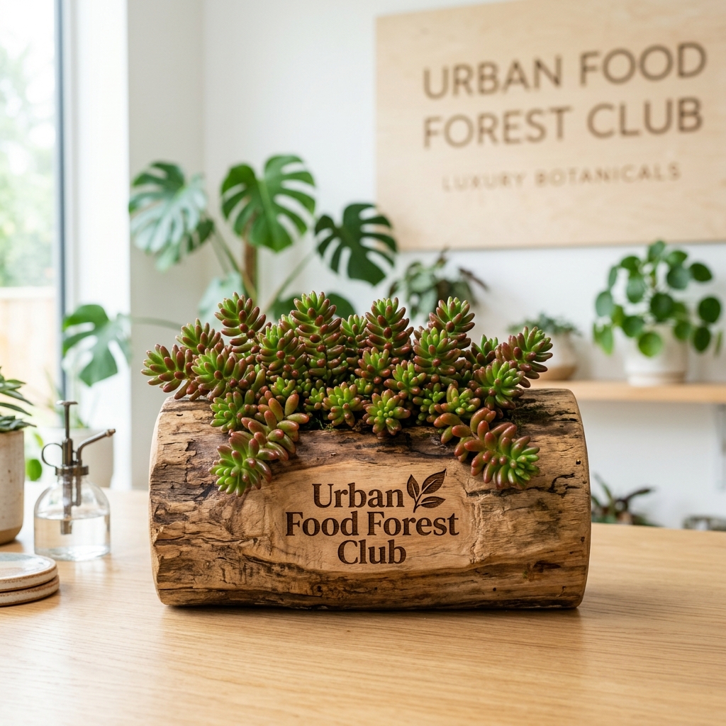 Exotic Sedum in Rustic Teak Wood Log Planter