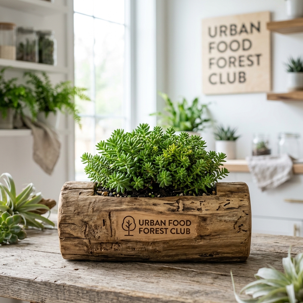Bonsai Sedum in Rustic Teak Wood Log Planter