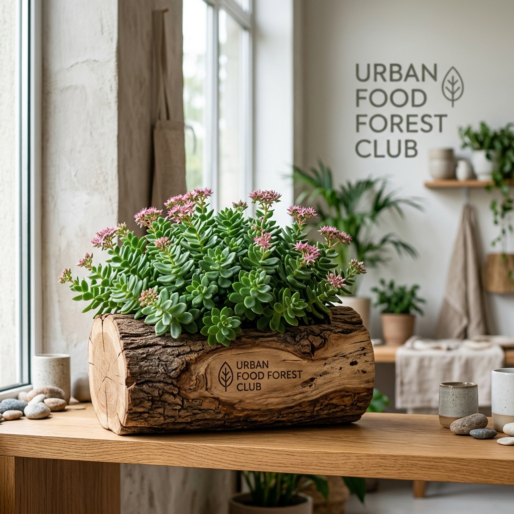 Classic Sedum in Rustic Teak Wood Log Planter