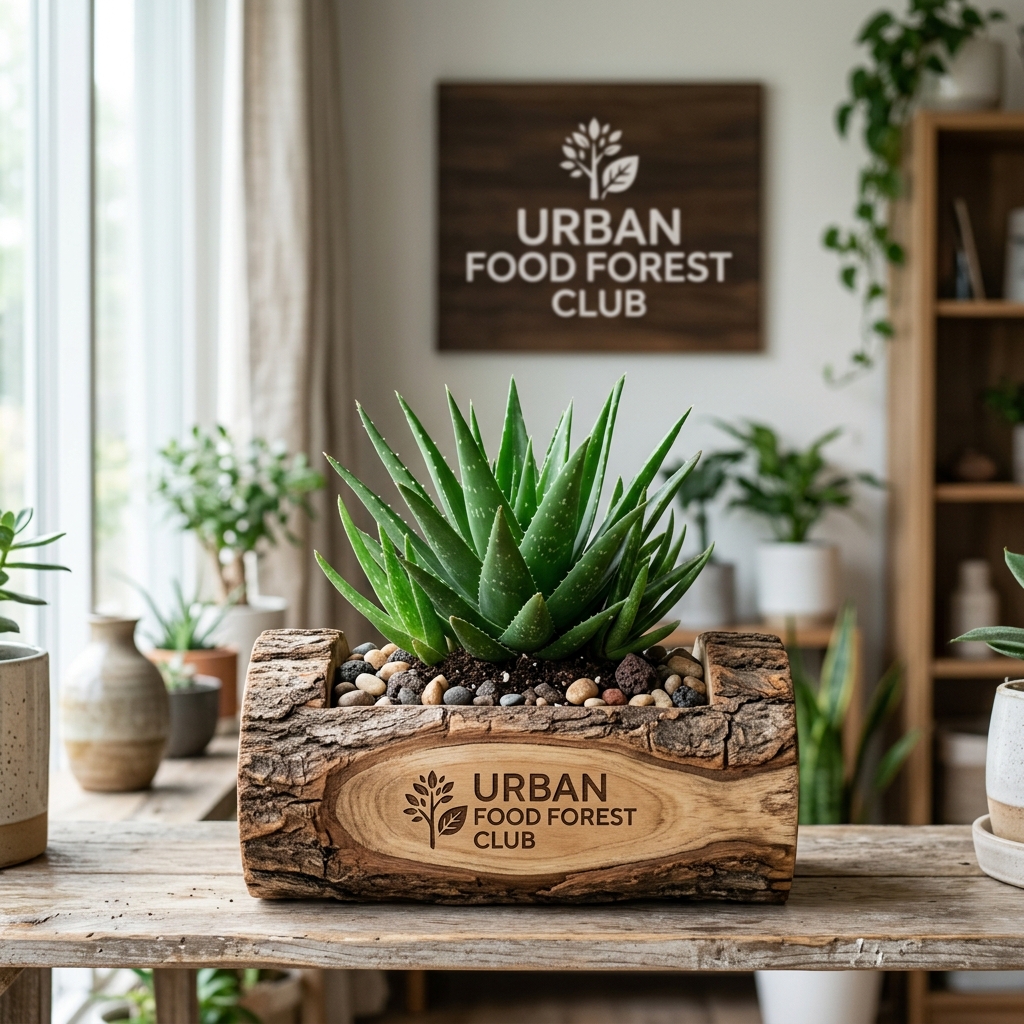 Miniature Aloe Vera in Rustic Teak Wood Log Planter
