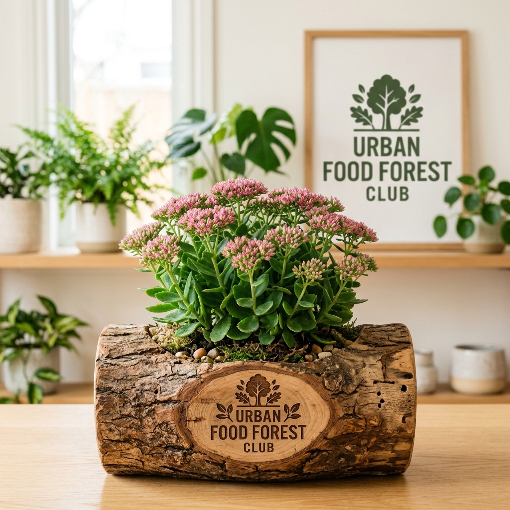 Wild Sedum in Rustic Teak Wood Log Planter