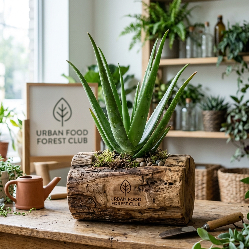 Premium Aloe Vera in Rustic Teak Wood Log Planter