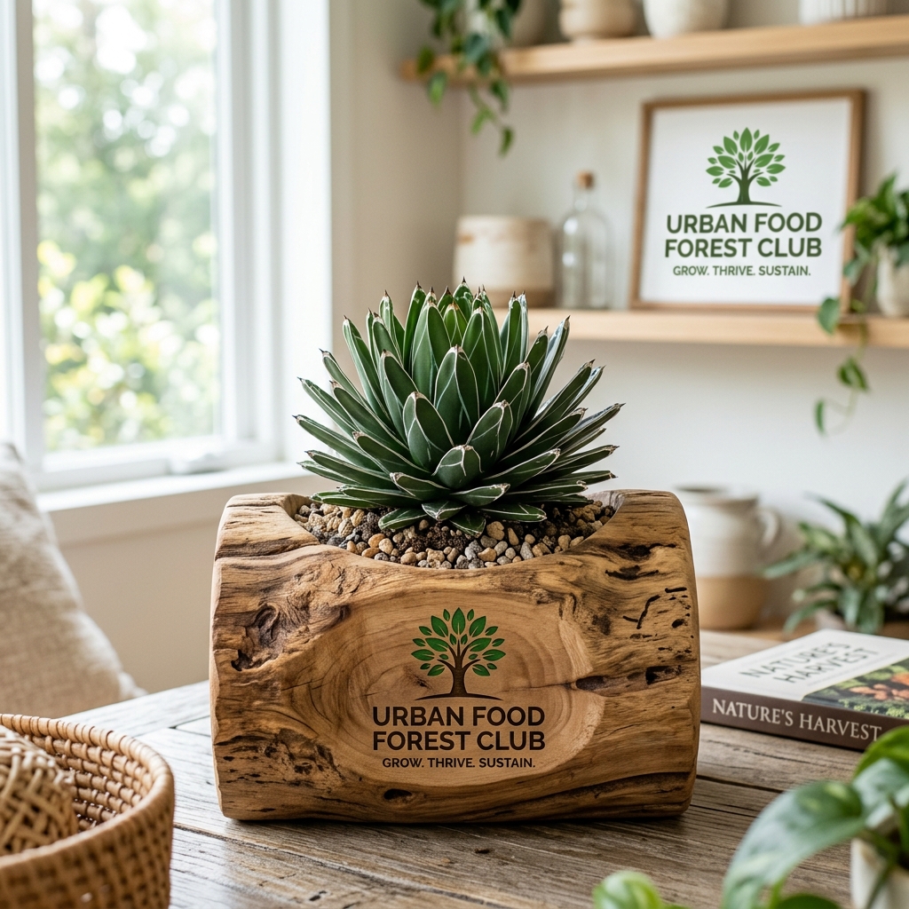 Miniature Agave in Rustic Teak Wood Log Planter