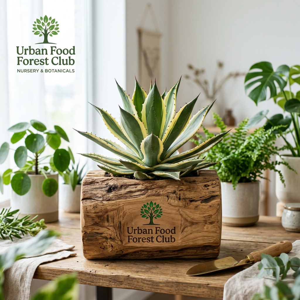 Variegated Agave in Rustic Teak Wood Log Planter