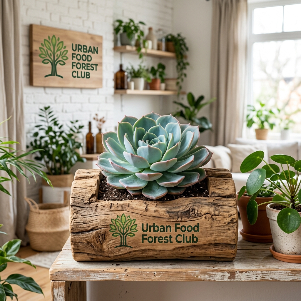 Giant Echeveria in Rustic Teak Wood Log Planter