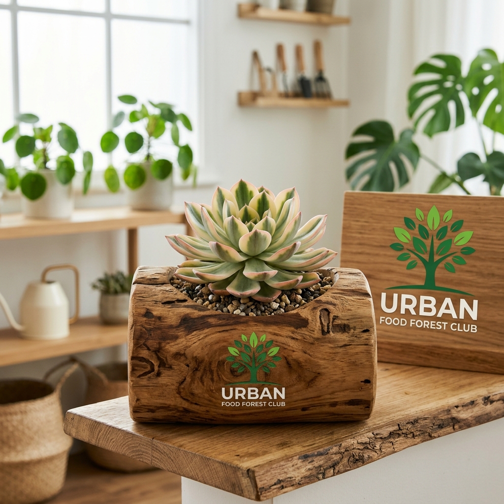 Variegated Echeveria in Rustic Teak Wood Log Planter