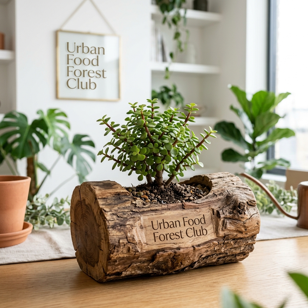Miniature Jade Plant in Rustic Teak Wood Log Planter