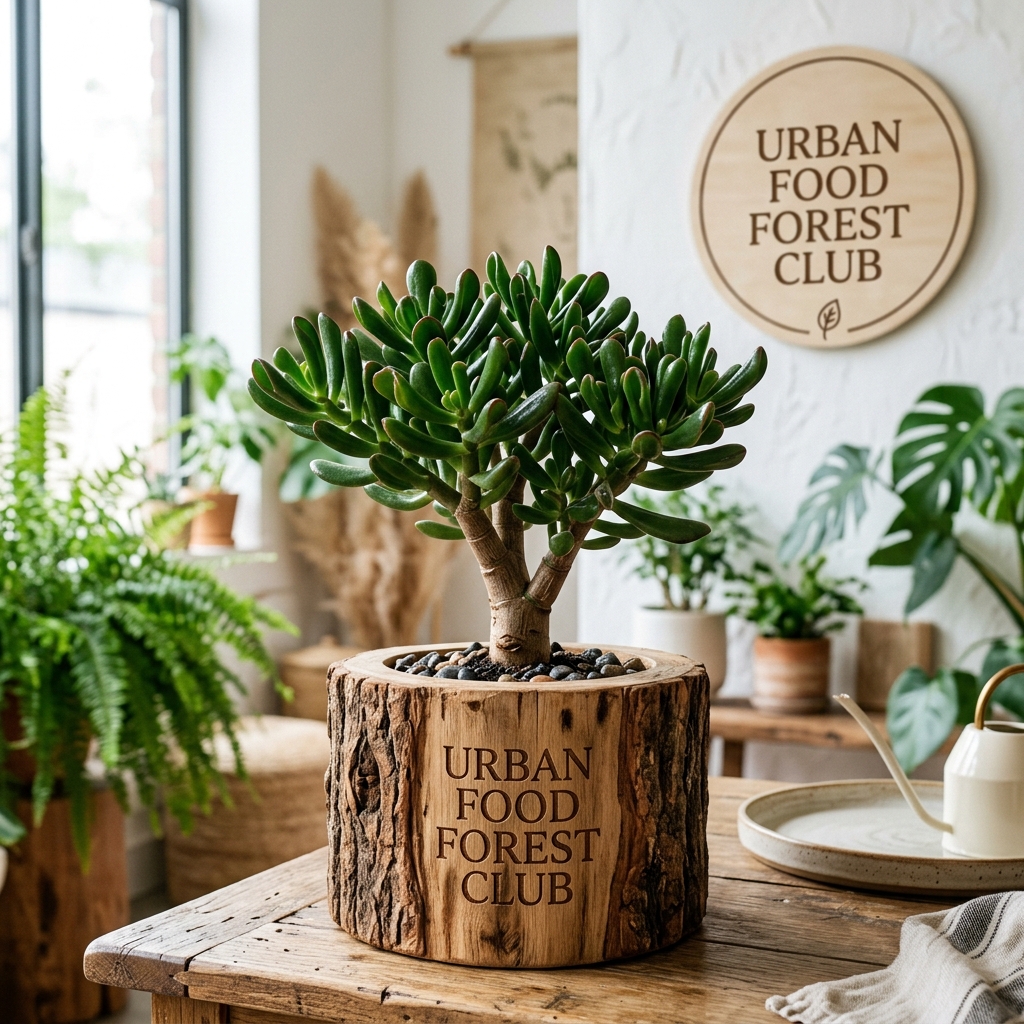 Rare Jade Plant in Rustic Teak Wood Log Planter