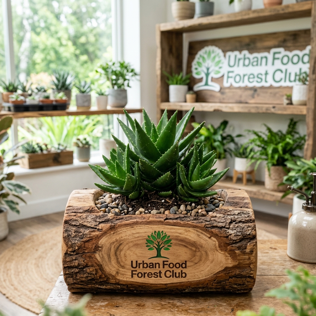 Corporate Gifting Bundle: Bonsai aloe vera in rustic teak wood log planter 42047