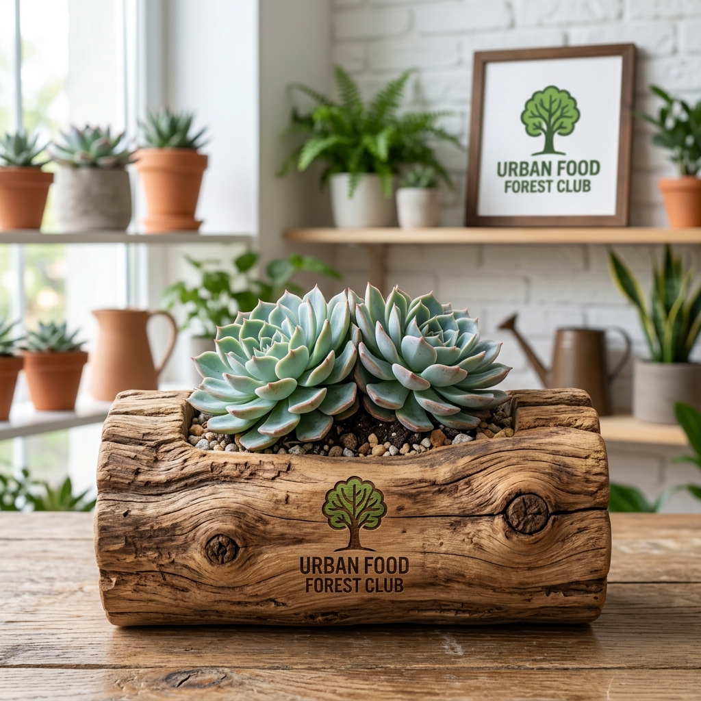 Corporate Gifting Bundle: Classic echeveria in rustic teak wood log planter