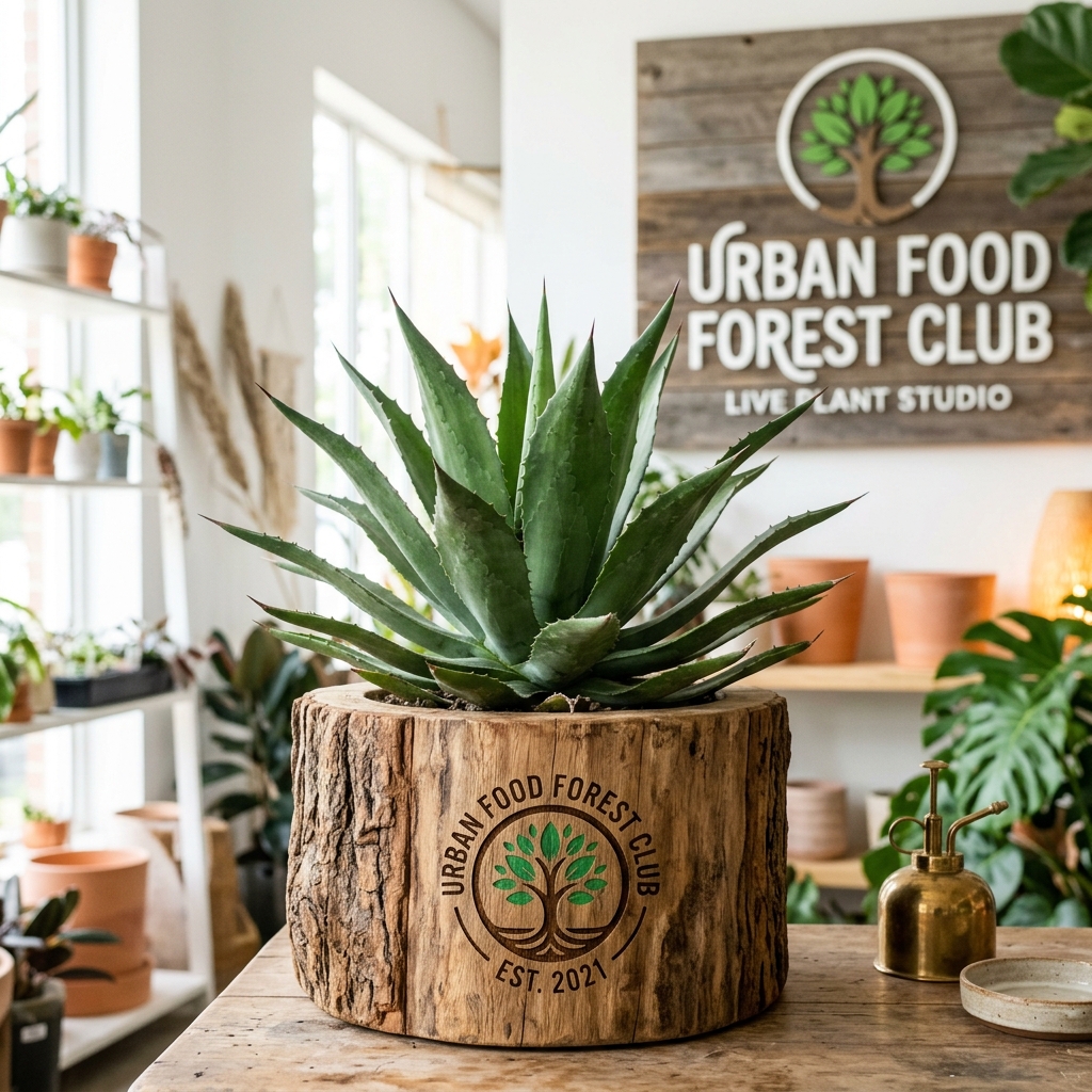 Corporate Gifting Bundle: Giant agave in rustic teak wood log planter 42051